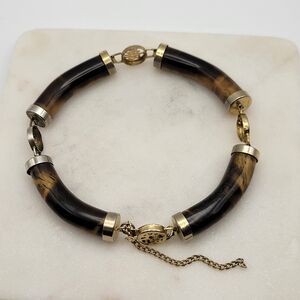 Curved Genuine Tiger's Eye Gold Tone Bracelet
